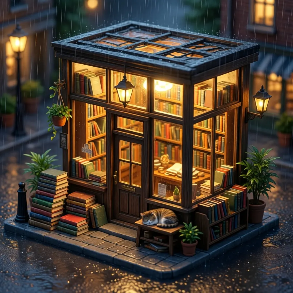 Isometric 3D render of a tiny cozy bookshop on a rainy evening with warm window light, stacks of books and a sleeping cat, miniature diorama style, soft global illumination, no text, no signs