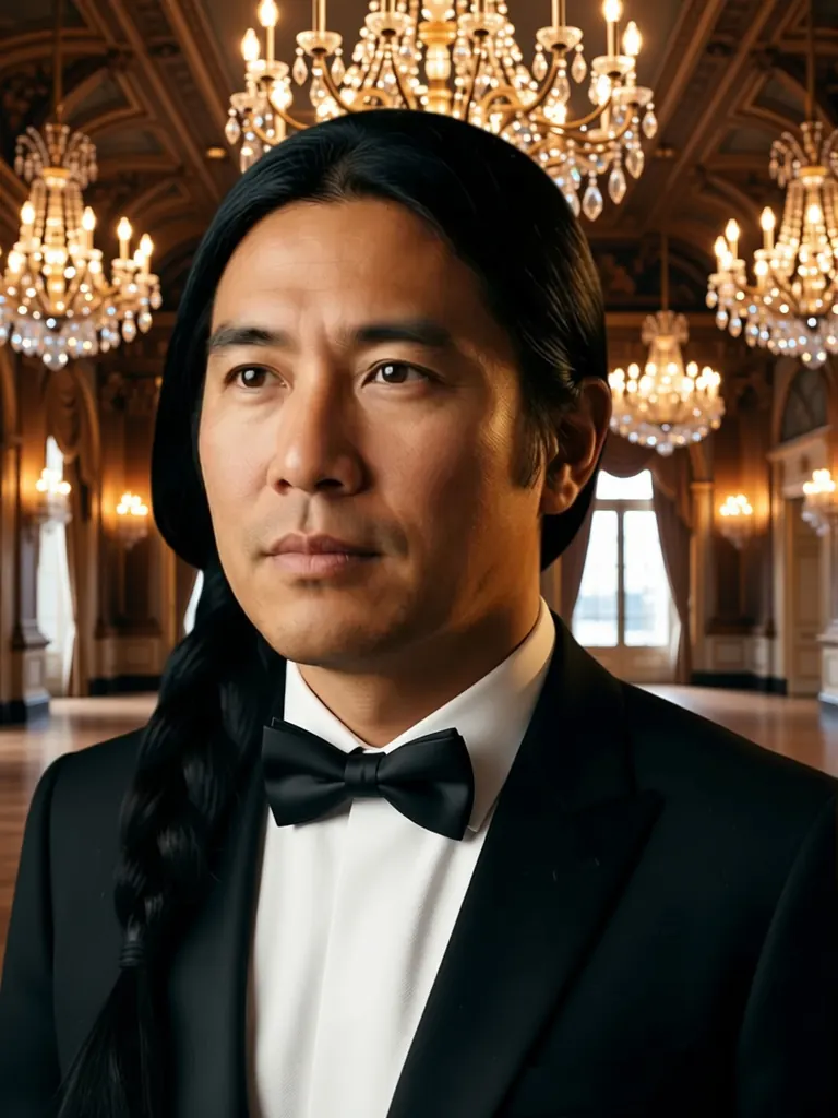 After: Change his denim jacket to a black tuxedo with a bow tie and replace the backdrop with a grand ballroom lit by crystal chandeliers; keep his face, hair and pose unchanged
