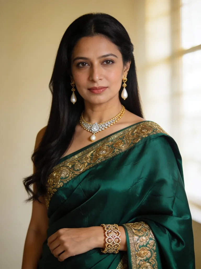 Refined editorial portrait of an Indian woman in her late thirties with long black hair and a deep emerald silk saree draped over one shoulder, delicate gold jewelry, soft window light, serene expression, exquisite skin and fabric detail, medium format photography