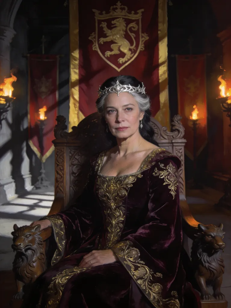 Cinematic fantasy portrait of a queen in her forties with streaks of grey in her dark hair, a delicate silver circlet and an embroidered velvet gown, seated on a carved throne in a torchlit hall, banners behind her, painterly photorealism