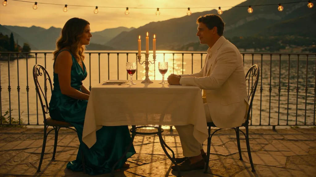 Cinematic still of an elegant couple in their thirties at a candlelit dinner table on a terrace overlooking Lake Como at dusk, she in a silk dress, he in a linen suit, glasses of wine, warm string lights, refined film look