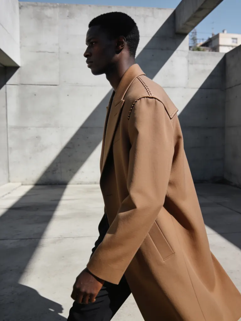 High-fashion editorial of a tall Black man in his thirties in a sculptural camel coat walking through a minimalist concrete courtyard, long shadows, clean composition, crisp tailoring detail, magazine photography