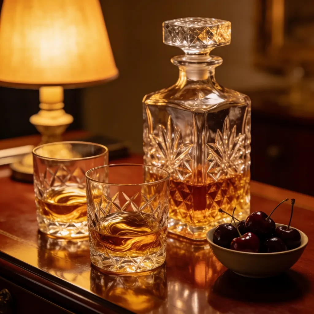 Refined still life of a crystal decanter and two cut-glass tumblers with whiskey beside a small bowl of dark cherries on a polished mahogany desk, warm lamp light, rich reflections, luxury editorial photography, no text, no logo, no labels