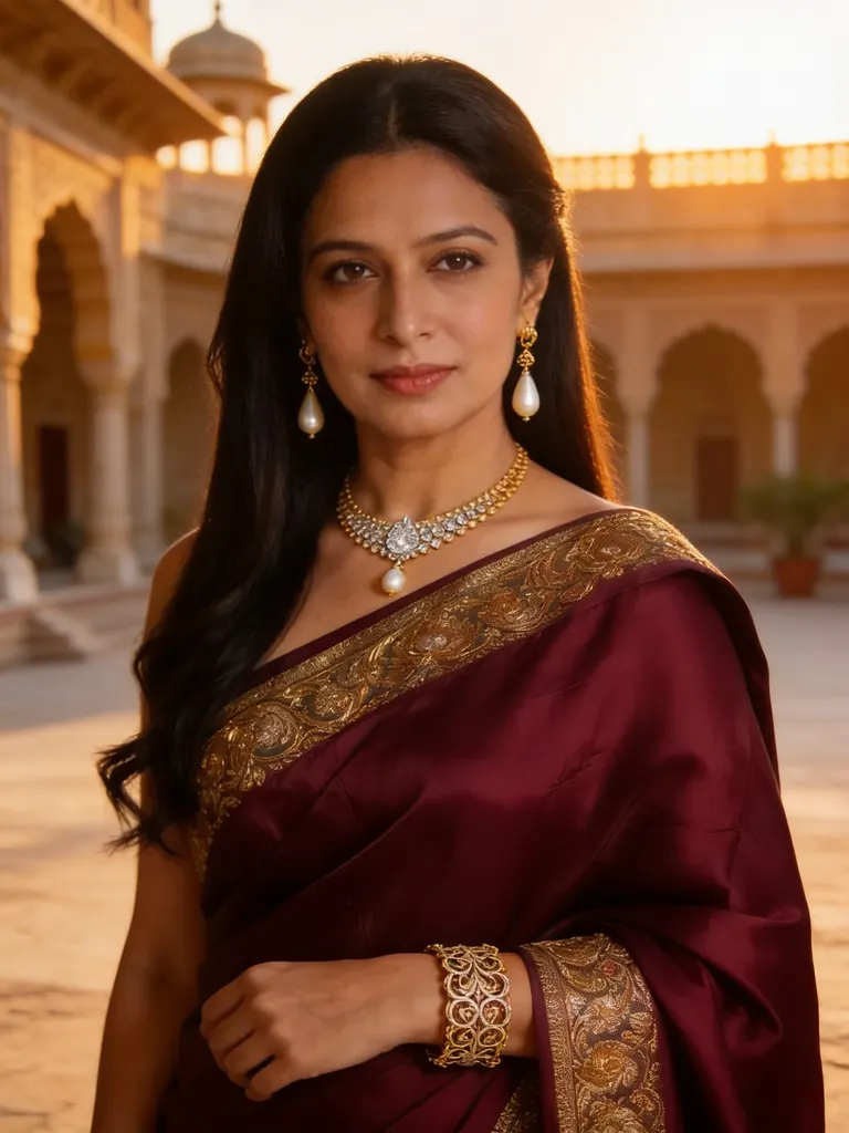 After: Change the saree to a deep crimson silk with gold embroidery and move her to a palace courtyard at golden hour; keep her face, jewelry and pose unchanged