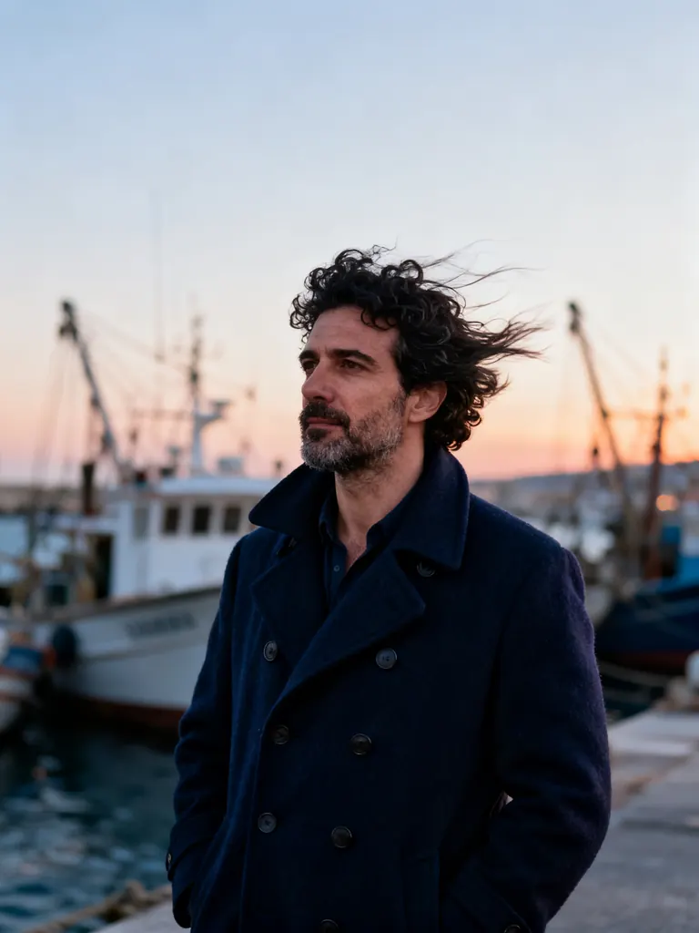 Cinematic portrait of a Greek man in his early forties with dark curly hair and stubble, wearing a navy wool peacoat, standing on a windy harbor at dusk, fishing boats blurred behind him, warm and cool contrast, 85mm lens, photorealistic