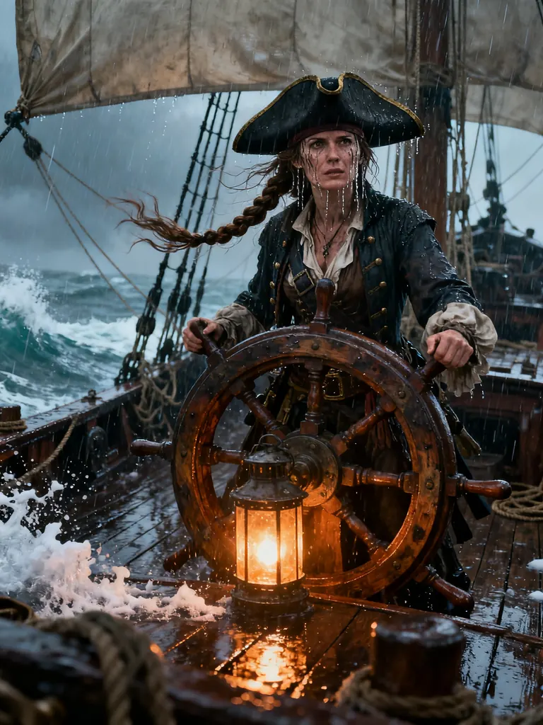 Cinematic fantasy still of a pirate captain woman in her thirties with a weathered face, a long braid and a tricorn hat, standing at the helm of a ship in a storm, rain lashing, lantern light, photoreal concept art
