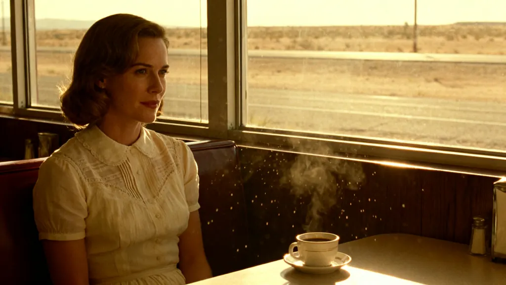 Cinematic still of a woman in her thirties in a vintage cream dress sitting alone in a sunlit roadside diner booth, a cup of coffee in front of her, dust motes in the light, an empty desert highway and open desert visible through the window, 1970s film color, no billboards, no signs, no text
