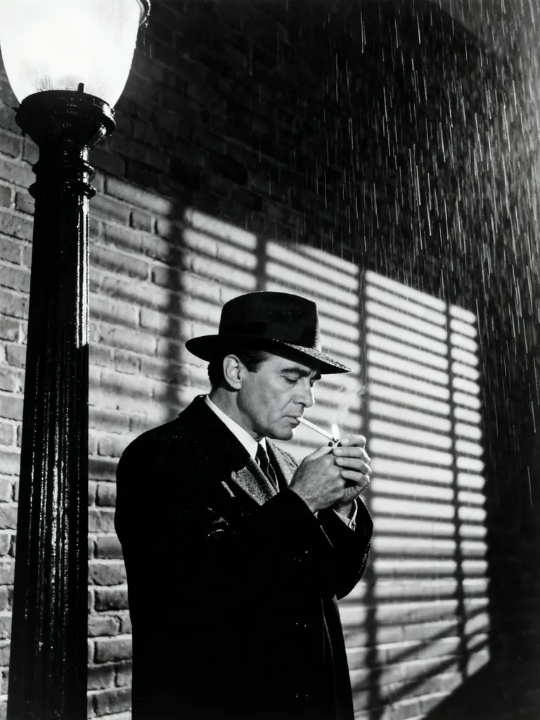 Black-and-white film noir still of a detective man in his forties in a fedora lighting a cigarette under a streetlamp, venetian blind shadows across a brick wall, rain, high contrast, 1940s cinema
