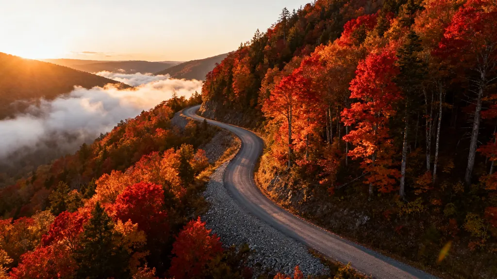 Cinematic aerial landscape of a winding mountain road through autumn forests at sunrise, low clouds in the valleys, golden light on red and orange trees, epic scale, photorealistic