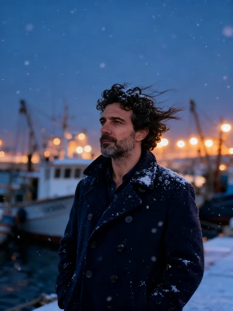 After: Change the season to a snowy winter evening: snow falling and settling on his coat and hair, the harbor lights glowing warm; keep his face and pose unchanged
