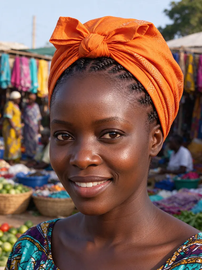 Close-up portrait of a Nigerian woman in her thirties with a braided updo and a bright orange headwrap, sunlit marketplace behind her, vibrant colors, natural smile, crisp detail