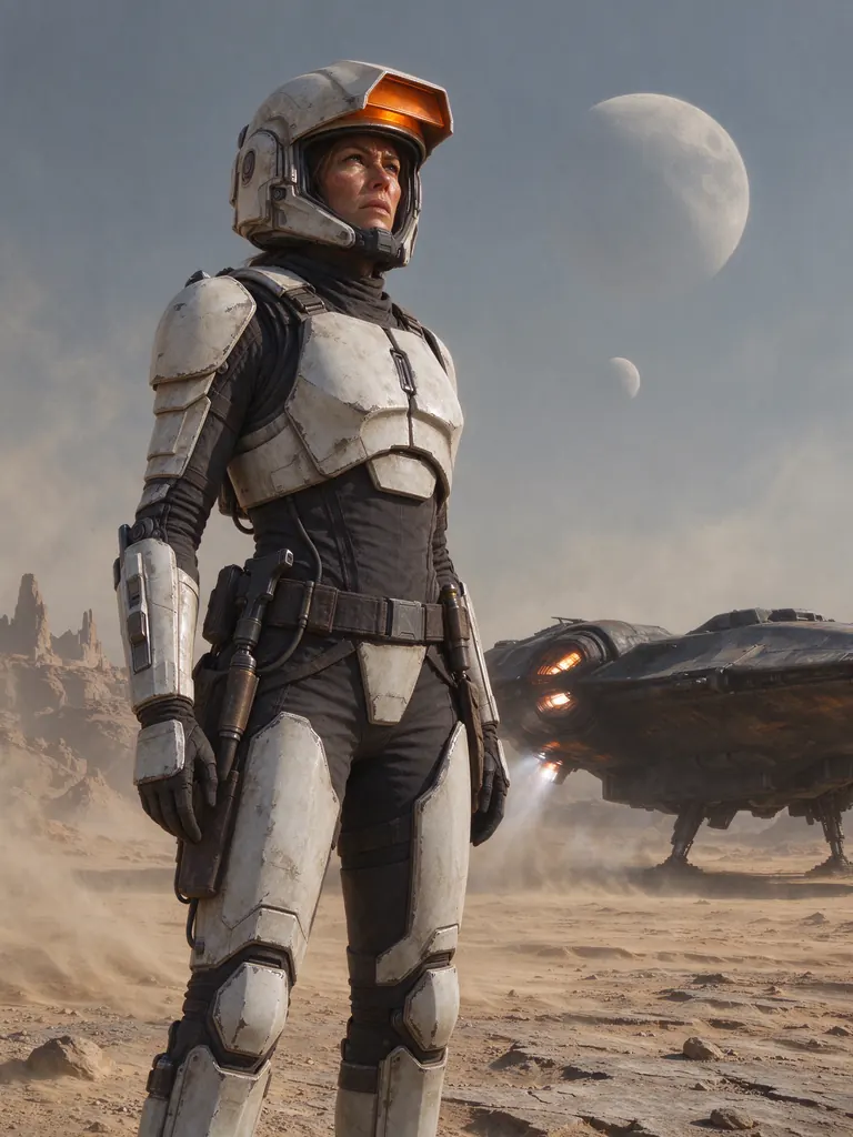 Space opera bounty hunter woman in her thirties in battered white armor with an orange visor raised, alien desert planet with twin moons, blowing dust, cinematic sci-fi concept art