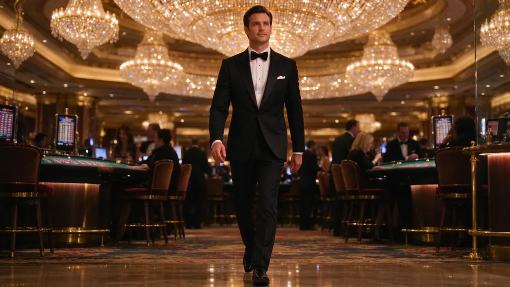 Cinematic shot of a man in his thirties in a tailored tuxedo striding through a lavish casino under crystal chandeliers, warm gold tones, shallow depth of field