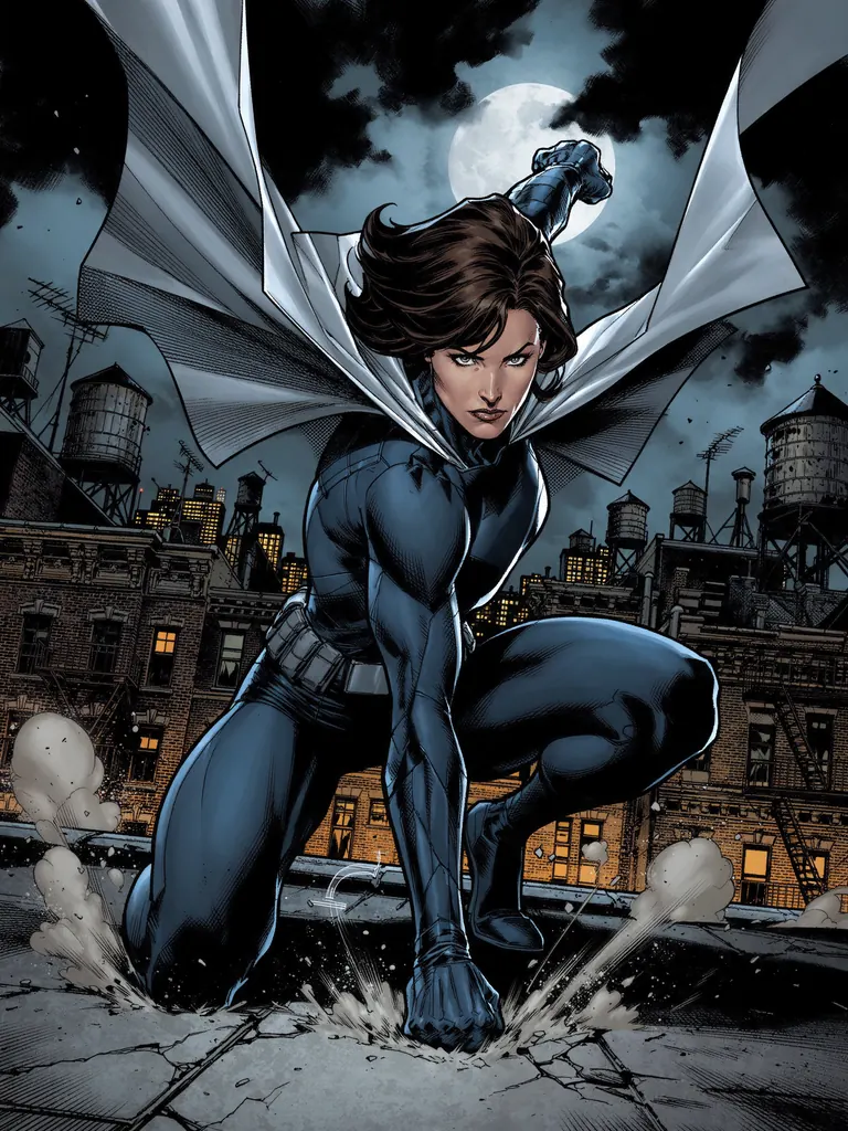 Comic book cover style illustration of a superheroine in her thirties in a dark blue suit and silver cape landing on a rooftop at night, dynamic pose, halftone shading, no text