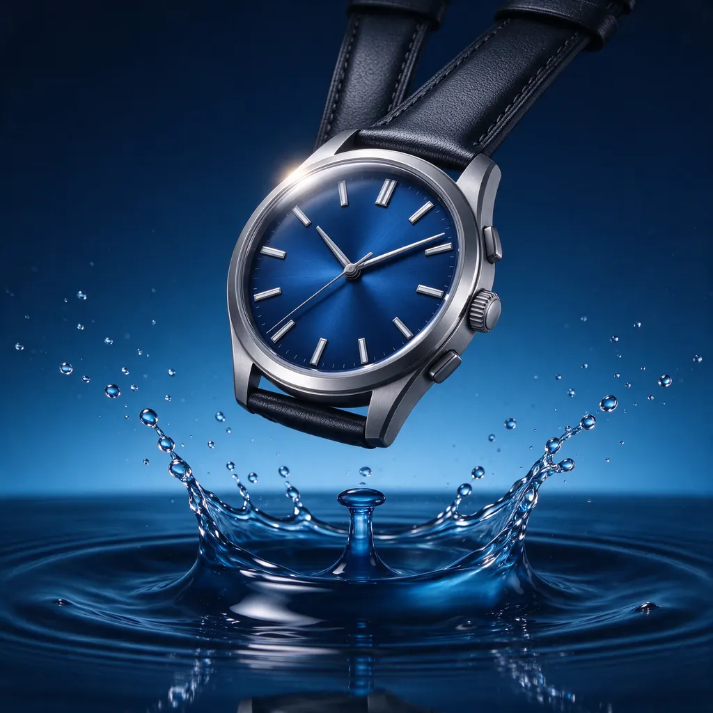 Mechanical wristwatch with a deep blue dial floating above rippling water, splash frozen in motion, high-speed studio product photography, no text, no logo