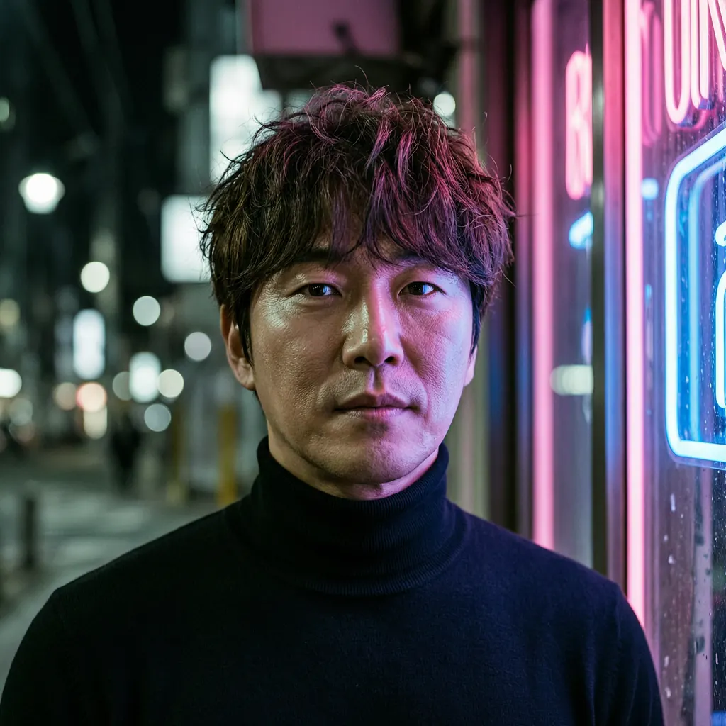 Portrait of a Korean man in his early thirties with tousled hair and a black turtleneck, neon window light casting pink and blue across his face, moody nighttime atmosphere, realistic photography