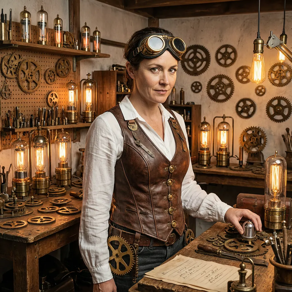 Steampunk inventor woman in her thirties with brass goggles pushed up on her head, a leather corset over a white blouse, surrounded by gears and glowing vacuum tubes in a cluttered workshop, warm light, detailed digital art