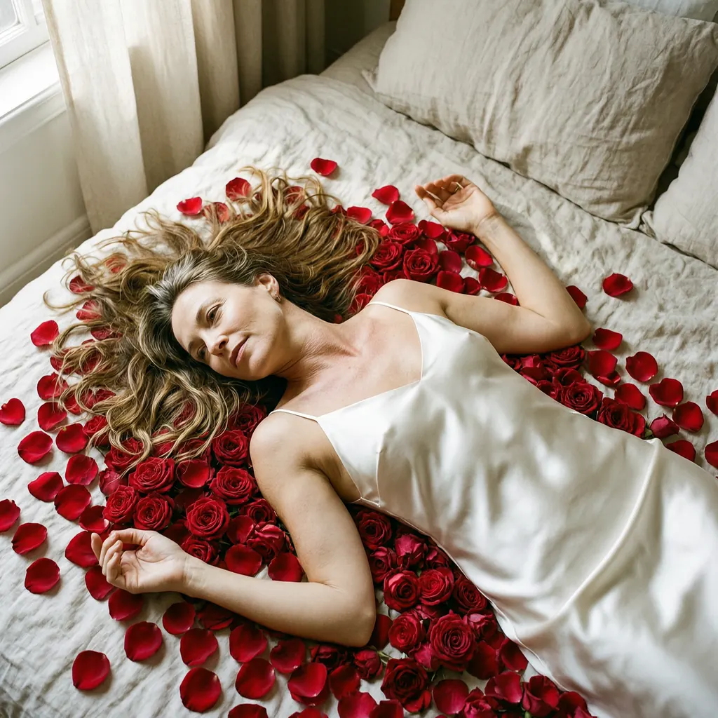 Overhead shot of a woman in her thirties in a white satin slip dress lying on a bed of red rose petals, hair fanned out around her, soft morning light, dreamy romantic film still