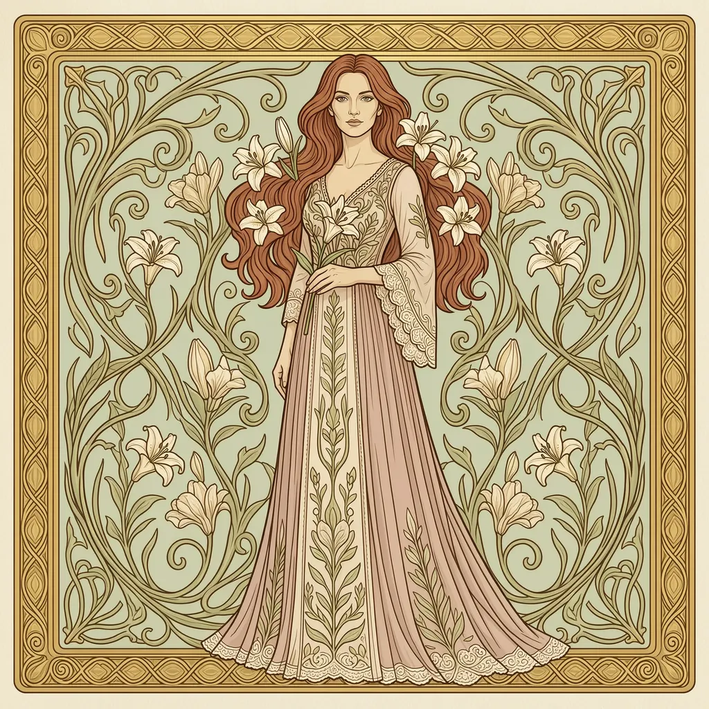 Art nouveau illustration of an elegant woman in her thirties with flowing auburn hair intertwined with lilies, ornate golden border, muted pastel palette, decorative poster style, no text