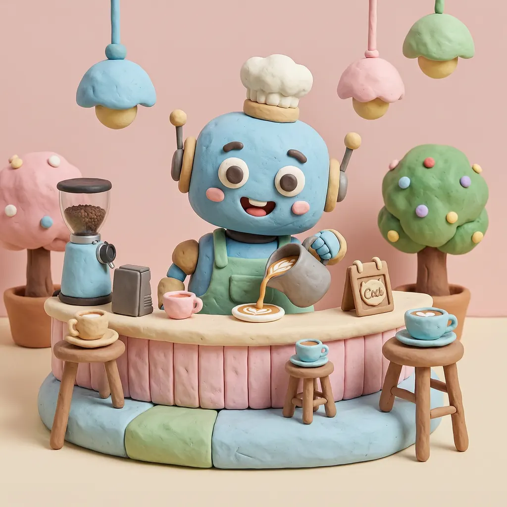 3D clay-style render of a cheerful robot barista pouring latte art in a pastel cafe, rounded shapes, soft studio lighting, playful miniature scene, no text, no signs