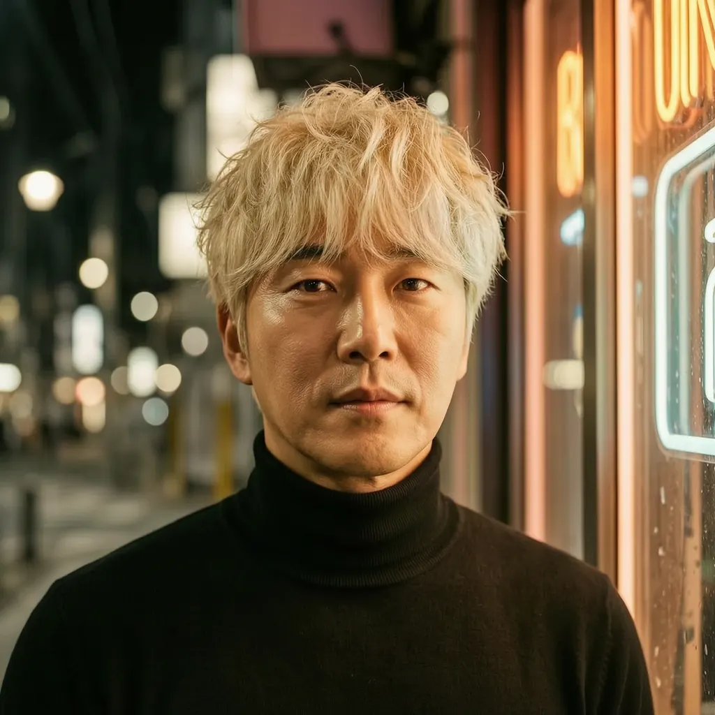 After: Change his hair to platinum blond and the lighting to warm golden-hour sunlight; keep everything else the same