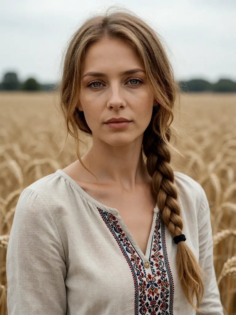 Editorial portrait of a Ukrainian woman in her late thirties with honey-blonde hair in a loose braid and grey eyes, wearing an embroidered linen blouse, soft overcast light in a wheat field, calm direct gaze, medium format photography, fine skin detail