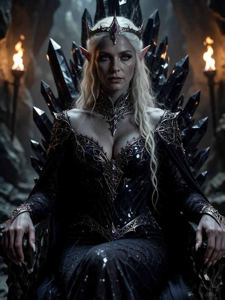 Fantasy portrait of a dark elf queen in her forties with ash-grey skin, long white hair and violet eyes, wearing an ornate obsidian gown with a high silver collar, seated on a throne of black crystal in a torchlit cavern, painterly photorealism, extreme detail