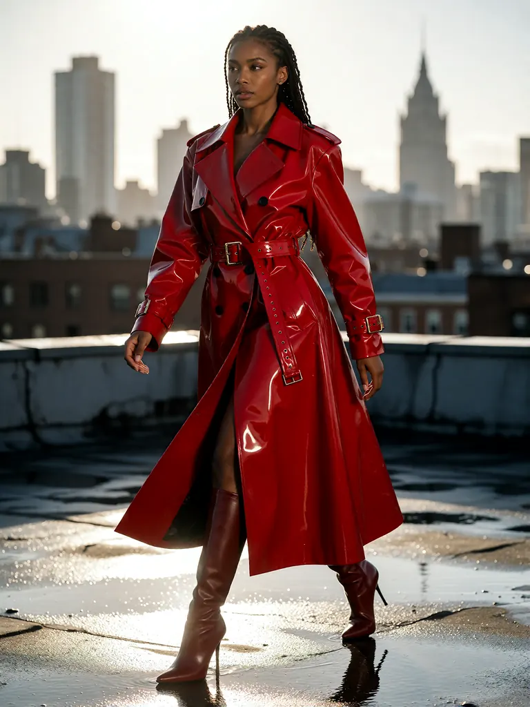High-fashion editorial of a tall Black woman in her thirties in a sculptural red latex trench coat and knee-high boots, striding across a wet rooftop at dusk, the city skyline blurred behind her, hard rim light, magazine photography