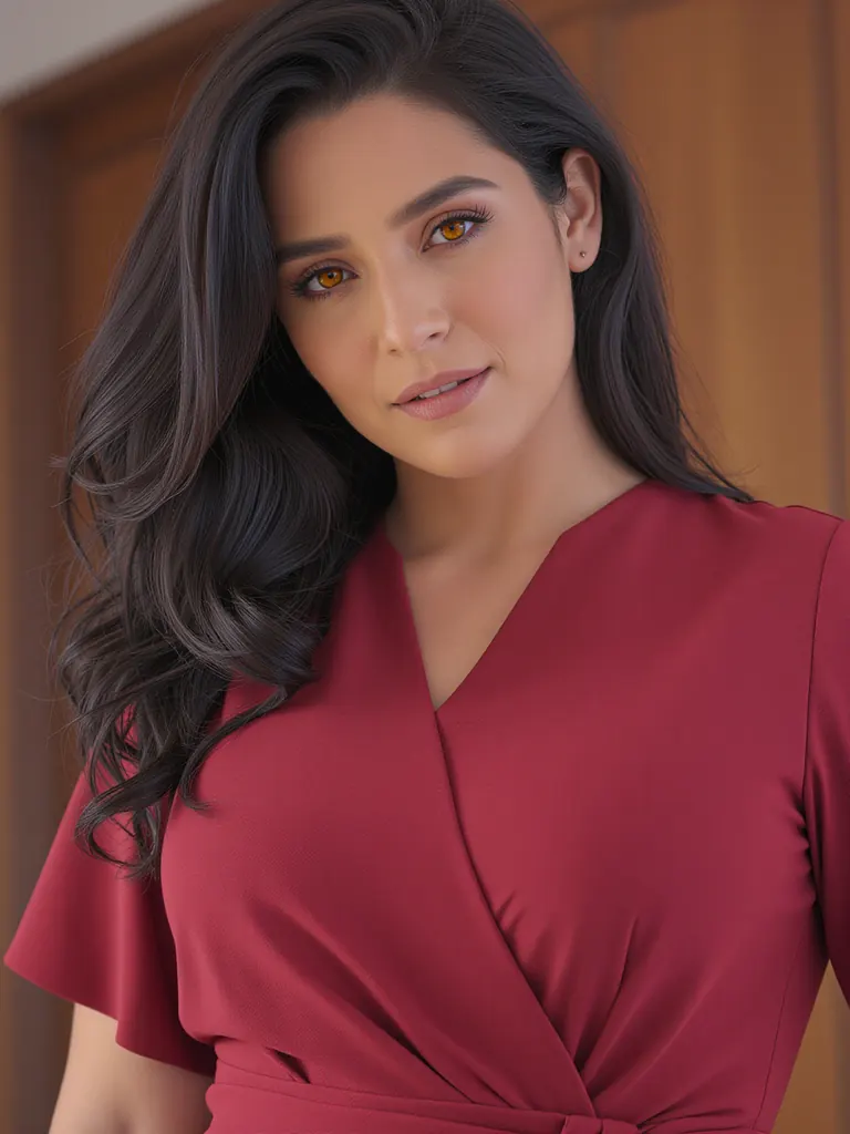 Close-up portrait of a Colombian woman in her mid-thirties with long dark waves and amber eyes, wearing a deep red wrap dress, warm late-afternoon window light, a knowing half smile, 85mm lens, photorealistic skin texture
