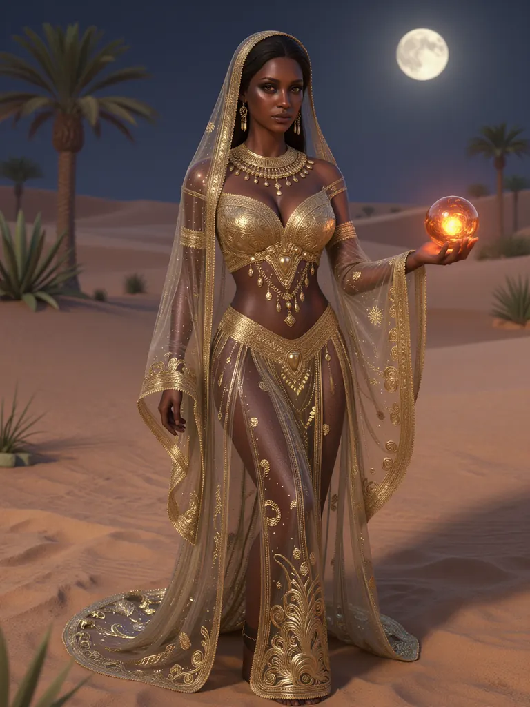 Fantasy portrait of a desert sorceress in her thirties with bronze skin and kohl-lined eyes, wearing a sheer gold-embroidered gown with a high neck and long sleeves, holding a glowing amber orb, a moonlit oasis behind her, detailed photoreal concept art