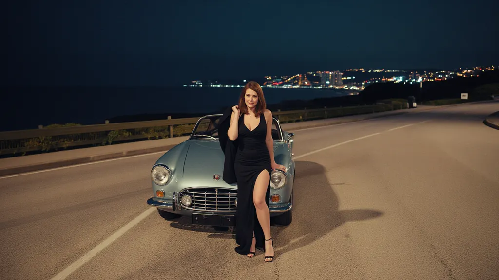 Cinematic still of a woman in her thirties in a fitted black evening dress leaning against a vintage sports car on an empty coastal road at night, city lights far below, her coat over one shoulder, teal and amber color grade, 35mm film grain, no text, no license plate