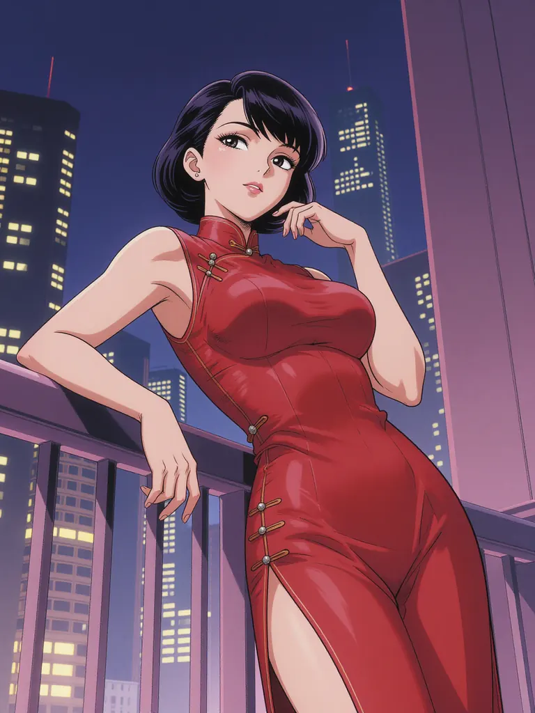 Anime illustration of a confident adult woman in her thirties with a mature face and a sleek black bob, wearing a crimson qipao with a high slit, leaning on a balcony rail above a night city of glowing windows, clean line art, cel shading, adult proportions, no signs, no lettering, no text