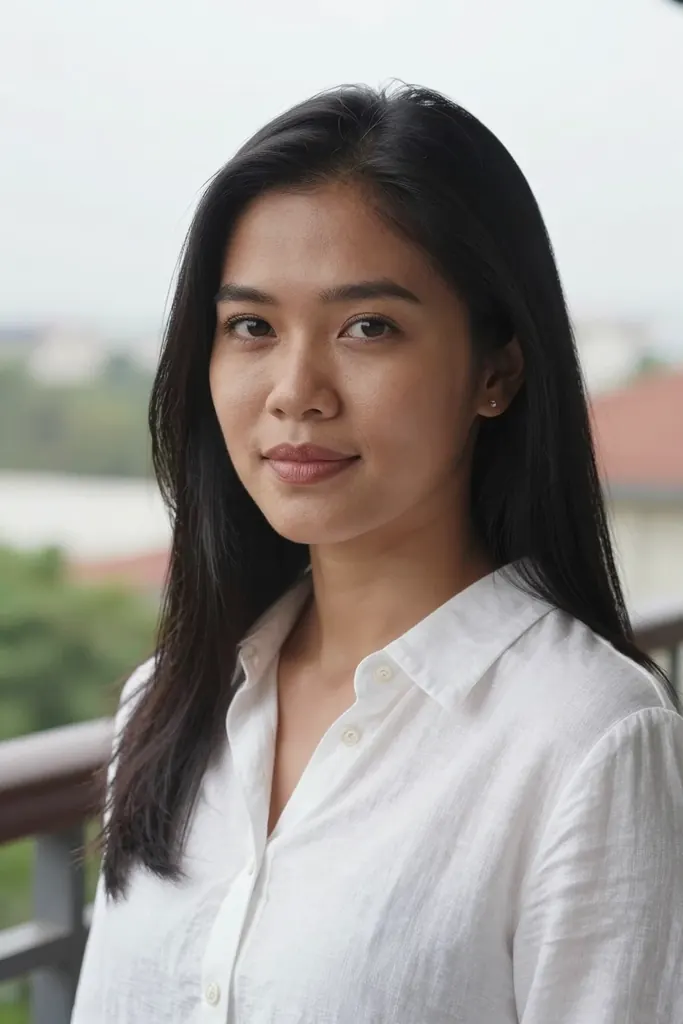 Close-up portrait of a Filipino woman in her early thirties with long straight black hair and a white linen shirt, soft overcast daylight on a balcony, natural makeup, calm confident gaze, 85mm lens, photorealistic skin texture