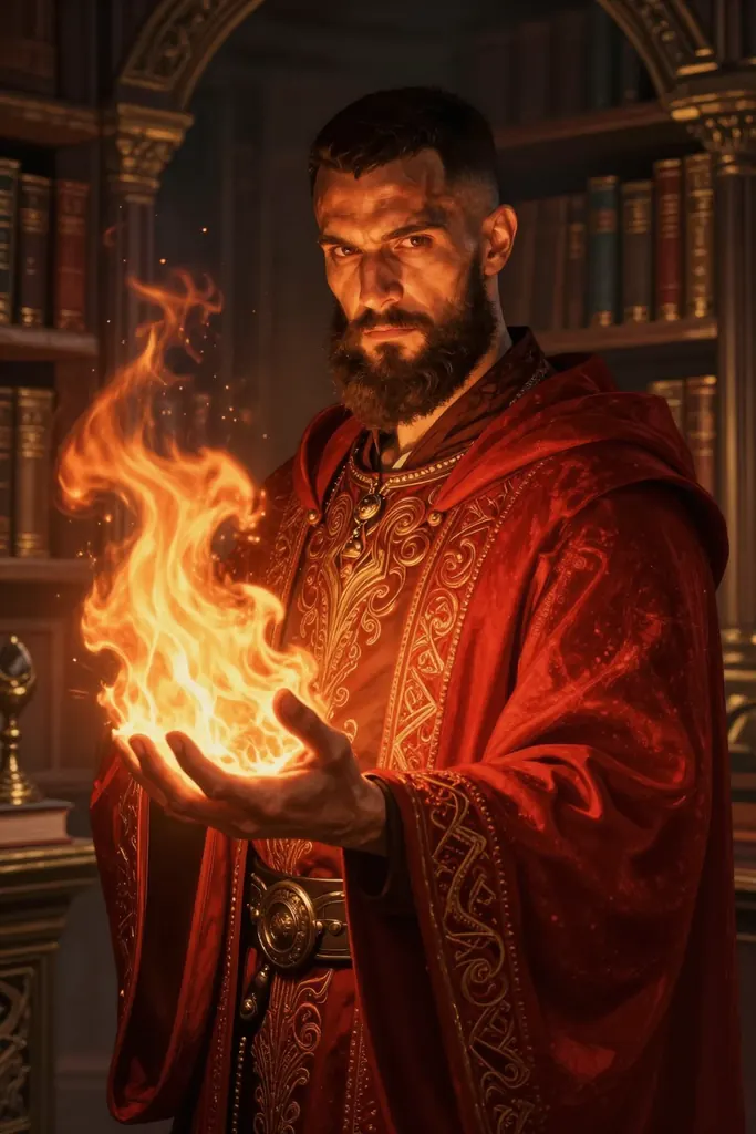 Fantasy portrait of a fire mage man in his thirties with a short dark beard and copper-brown skin, embroidered crimson robes, flames curling from his open palm, ancient library behind him, dramatic rim light, detailed digital painting