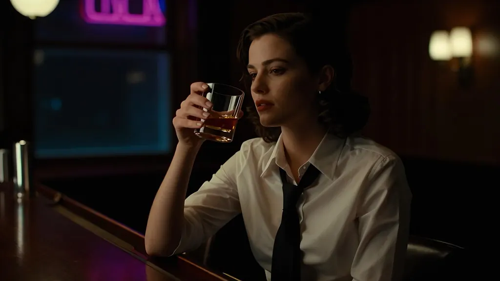 Cinematic still of a woman in her thirties in a white shirt with a loosened black tie sitting at a dim hotel bar at midnight, a glass of whiskey in her hand, neon glow through the window, shallow depth of field, 35mm film grain