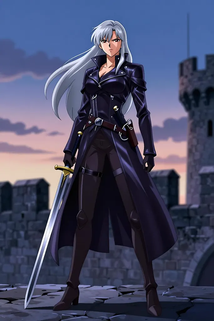 Anime illustration of a tall adult woman in her thirties, a confident sword-wielding mercenary with long silver hair and a dark leather coat, standing on a windswept castle wall at dusk, clean line art, cel shading, no text