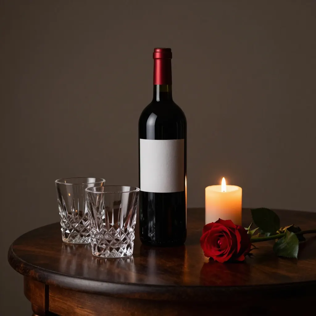 A bottle of red wine and two crystal glasses on a dark walnut table beside a lit candle and a single red rose, moody low-key studio lighting, no text, no logo, no label