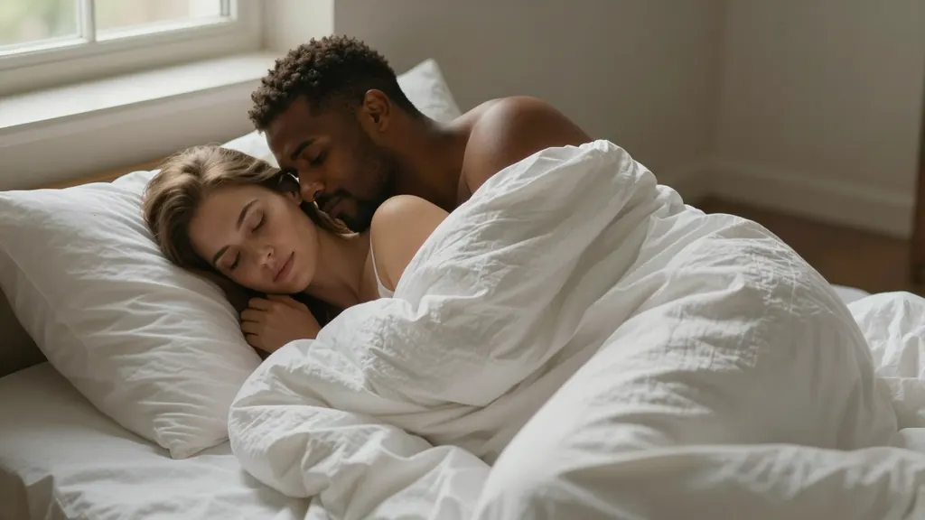 Intimate morning scene of a couple in their thirties, a Black man and a white woman, wrapped together in white linen sheets on a bed in a sunlit loft, her bare shoulders and his arm around her, the sheet covering them to the chest, soft warm light, tasteful and romantic, photorealistic